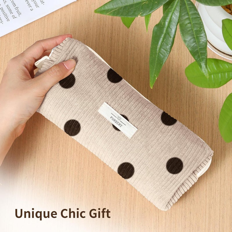 Purbert Pencil Bag Pen Case, Soft Corduroy Small Pencil Pouch Organizer with Zipper, Cute Pencil Case Pouch Stationery for Girls and Boys – Dot Beige - Image 2